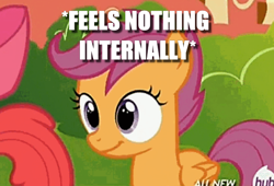 Size: 586x399 | Tagged: safe, edit, edited screencap, imported from derpibooru, screencap, scootaloo, pegasus, pony, twilight time, caption, cropped, dead inside, female, filly, foal, image macro, meme, offscreen character, philosophical zombie, solo focus, text, x internally