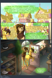 Size: 1200x1800 | Tagged: safe, artist:bootsdotexe, imported from derpibooru, oc, oc only, oc:featherfall, oc:ruby cube, earth pony, pony, unicorn, comic:beyond our borders, comic, duo, female, hat, head wrap, leg lock, leg wrapping, male, mare, ponyville, raised hoof, stallion, store, top hat