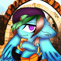 Size: 800x797 | Tagged: safe, anonymous artist, imported from derpibooru, oc, oc only, oc:precised note, pegasus, pony, cap, clothes, cosplay, costume, floppy ears, hat, king of fighters, lucky glauber, smiling, solo, watermark, wings, wristband