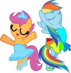 Size: 626x642 | Tagged: safe, artist:angrymetal, imported from derpibooru, rainbow dash, scootaloo, pony, 1000 hours in ms paint, arms in the air, ballerina, ballerinas, ballet, ballet dancing, ballet slippers, bipedal, clothes, dancing, dasherina, eyes closed, open mouth, pas de deux, rainbowrina, scootarina, scootutu, simple background, smiling, transparent background, tutu, tutus