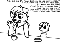 Size: 475x343 | Tagged: safe, artist:askwinonadog, imported from derpibooru, winona, oc, oc:mod dog, anthro, dog, ask winona, anthro oc, black and white, coffee mug, description is relevant, food bowl, furry oc, grayscale, lineart, monochrome, mug, simple background, white background