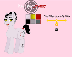 Size: 4136x3240 | Tagged: safe, artist:madamesaccharine, imported from derpibooru, oc, oc only, oc:puzzling insanity, earth pony, pony, chubby, fangs, female, flower, industrial piercing, nose piercing, piercing, redesign, reference sheet, rose, simple background, solo, tail wrap, tattoo