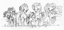 Size: 3118x1483 | Tagged: safe, artist:dilarus, deleted from derpibooru, imported from derpibooru, applejack, fluttershy, pinkie pie, rainbow dash, rarity, twilight sparkle, alicorn, earth pony, pegasus, pony, unicorn, applejack's hat, black and white, cowboy hat, female, grayscale, hat, height scale, mane six, mare, monochrome, simple background, size difference, sketch, smoldash, tallershy, traditional art, twilight sparkle (alicorn), white background