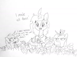 Size: 1832x1345 | Tagged: safe, artist:tjpones, imported from derpibooru, princess cadance, queen chrysalis, shining armor, alicorn, changeling, changeling queen, pony, semi-anthro, unicorn, breaking the fourth wall, bugmom, cadance is not amused, clothes, dialogue, female, guilty, i made this, implied infidelity, implied shining chrysalis, implied shipping, implied straight, male, mare, mommy chrissy, stallion, traditional art, unamused