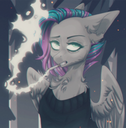 Size: 1987x2012 | Tagged: safe, artist:blue_raven, imported from derpibooru, oc, oc only, oc:vapourwave, pegasus, pony, chest fluff, cigarette, clothes, female, floppy ears, looking at you, mare, mouth hold, raised eyebrow, smoke, smoking, solo, sweater, ych result