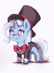 Size: 1079x1439 | Tagged: safe, artist:buttersprinkle, derpibooru exclusive, imported from derpibooru, trixie, pony, unicorn, bowtie, chibi, colored sketch, cute, diatrixes, female, hat, magician outfit, no pupils, simple background, smiling, solo, tailcoat, top hat, traditional art