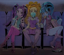 Size: 1304x1120 | Tagged: dead source, safe, artist:5mmumm5, imported from derpibooru, adagio dazzle, aria blaze, sonata dusk, equestria girls, ass, bubblegum, butt, cinema, clothes, drinking, drinking straw, eating, female, food, gum, hot dog, leggings, legs, looking at you, meat, movie theatre, pigtails, ponytail, popcorn, sausage, schrödinger's pantsu, shoes removed, sitting, socks, sonata donk, the dazzlings, thighs, trio, trio female, twintails