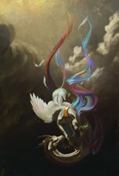 Size: 1216x1800 | Tagged: safe, artist:bra1neater, imported from derpibooru, discord, princess celestia, alicorn, draconequus, pony, chiaroscuro, duo, ethereal mane, falling, female, fine art emulation, flying, male, mare, peytral, realistic anatomy, skies, spread wings, wings