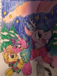 Size: 775x1031 | Tagged: safe, artist:wolfspiritclan, imported from derpibooru, oc, oc only, oc:adean the draconequus, oc:alice goldenfeather, oc:twinkle star, draconequus, pegasus, unicorn, christmas, clothes, holiday, scarf, snow, starry night, traditional art, tree, winter