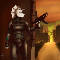 Size: 1600x1600 | Tagged: safe, artist:shadowchisel, imported from derpibooru, oc, oc only, anthro, changeling, clothes, fallout, male, solo, submachinegun, white changeling