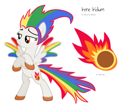 Size: 1368x1164 | Tagged: safe, artist:melisareb, imported from derpibooru, oc, oc only, oc:irene iridium, object pony, original species, pegasus, base used, bipedal, colored wings, crossed arms, cutie mark, element pony, female, fire, gradient wings, mare, meteor, not rainbow dash, ponified, reference sheet, simple background, solo, white background, wings