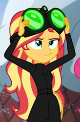 Size: 543x826 | Tagged: safe, imported from derpibooru, screencap, sunset shimmer, equestria girls, equestria girls series, holidays unwrapped, spoiler:eqg series (season 2), catsuit, cropped, female, goggles, imagine spot, night vision goggles, solo, stealth suit, winter break-in