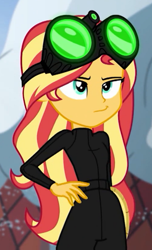 Size: 500x824 | Tagged: safe, imported from derpibooru, screencap, sunset shimmer, equestria girls, equestria girls series, holidays unwrapped, spoiler:eqg series (season 2), catsuit, cropped, female, goggles, imagine spot, night vision goggles, solo, stealth suit, winter break-in