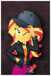 Size: 1776x2630 | Tagged: safe, artist:fadlihalimns, imported from derpibooru, sunset shimmer, display of affection, equestria girls, equestria girls series, cap, female, flanksy, geode of empathy, hat, high res, looking at you, magical geodes, one eye closed, solo, wink, winking at you