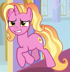 Size: 500x515 | Tagged: safe, imported from derpibooru, screencap, luster dawn, pony, unicorn, the last problem, cropped, female, grin, mare, nervous, nervous grin, smiling, solo, trotting