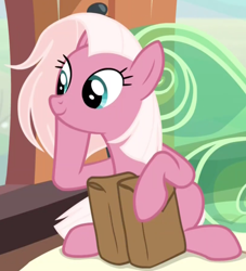 Size: 1212x1333 | Tagged: safe, imported from derpibooru, screencap, fuchsia frost, earth pony, pony, the last problem, background pony, bag, cropped, cute, female, friendship student, mare, sitting, smiling