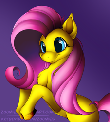 Size: 1991x2200 | Tagged: safe, artist:zoomiez, imported from derpibooru, fluttershy, pegasus, pony, chest fluff, cute, ear fluff, female, gradient background, leg fluff, mare, missing cutie mark, rearing, shyabetes, smiling, solo, three quarter view, unshorn fetlocks