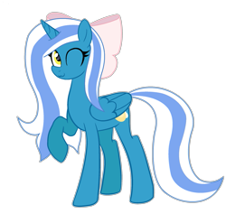 Size: 919x870 | Tagged: safe, artist:angelfirex20, imported from derpibooru, oc, oc:fleurbelle, alicorn, pony, adorabelle, adorable face, alicorn oc, bow, cute, female, hair bow, horn, mare, ocbetes, one eye closed, smiling, sweet, wink