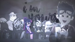 Size: 1200x675 | Tagged: safe, artist:angylopez, edit, edited screencap, imported from derpibooru, screencap, applejack, bulk biceps, derpy hooves, flash sentry, fluttershy, lyra heartstrings, pinkie pie, rainbow dash, rarity, sci-twi, snips, sunset shimmer, trixie, twilight sparkle, cheer you on, equestria girls, equestria girls series, spoiler:eqg series (season 2), black and white, clothes, discovery family, discovery family logo, female, flashlight, grayscale, headphones, humane five, humane seven, humane six, male, meme, microphone, monochrome, musical instrument, sciflash, shipping, straight
