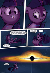 Size: 1920x2816 | Tagged: safe, artist:shieltar, imported from derpibooru, part of a set, twilight sparkle, pony, unicorn, comic:giant twilight, accretion disk, black hole, comic, cute, dialogue, female, giant pony, giantess, glowing horn, growth, gulp, horn, macro, magic, mare, nom, part of a series, pony bigger than a planet, pony bigger than a solar system, pony bigger than a star, signature, size difference, solar system, solo, space, stars, teleportation, this will end in spaghettification, twiabetes, unicorn twilight