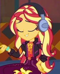 Size: 460x566 | Tagged: safe, imported from derpibooru, screencap, sunset shimmer, equestria girls, equestria girls series, spoiler:eqg series (season 2), clothes, couch, cropped, eyes closed, female, headphones, smiling, solo