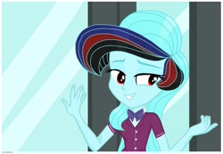 Size: 1080x749 | Tagged: artist needed, safe, imported from derpibooru, oc, oc only, equestria girls, clothes, crystal academy, door, smiling, solo