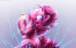 Size: 1280x800 | Tagged: safe, artist:jadekettu, imported from derpibooru, pinkie pie, earth pony, pony, caffeine, coffee, creepy, creepy smile, detailed, doomsday, electricity, energy, featured image, female, gradient background, gray background, holy shit, holy shit quotient, hoof hold, hypercaffinated, lightning, looking at you, looking back, mare, mug, oh god, oh god no, oh no, pinkie found the coffee, powering up, shrunken pupils, simple background, sitting, smiling, solo, steam, this will not end well, underhoof, we're all doomed, well shit, wide eyes, xk-class end-of-the-world scenario