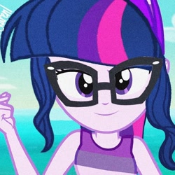 Size: 608x608 | Tagged: safe, edit, imported from derpibooru, sci-twi, twilight sparkle, equestria girls, equestria girls series, i'm on a yacht, spoiler:eqg series (season 2), glasses, ocean, sky