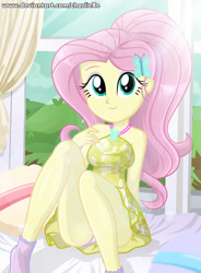 Size: 643x873 | Tagged: safe, alternate version, artist:charliexe, imported from derpibooru, fluttershy, equestria girls, adorasexy, clothes, crepuscular rays, cute, digital art, dress, female, legs, panties, panty shot, pink underwear, sexy, shyabetes, sitting, smiling, solo, thighs, underwear, updated, upskirt, url