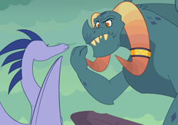 Size: 883x621 | Tagged: safe, artist:queencold, imported from derpibooru, dragon lord torch, oc, oc:blaze, dragon, canon x oc, dragoness, duo, ember's mother, female, horn, horn ring, male, sign language, signing