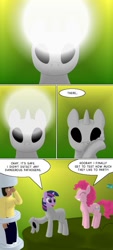 Size: 455x1010 | Tagged: safe, artist:quint-t-w, imported from derpibooru, pinkie pie, twilight sparkle, earth pony, human, pony, unicorn, alien abduction, comic, confused, dialogue, everything went better than expected, female, hazmat suit, light, old art, restrained, rubber suit