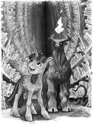 Size: 726x1000 | Tagged: safe, artist:adeptus-monitus, imported from derpibooru, twilight sparkle, demon, pony, unicorn, fanfic:best hell ever, book, commission, duo, fanfic art, grayscale, hell, illustration, library, monochrome, tentacles, traditional art, unicorn twilight