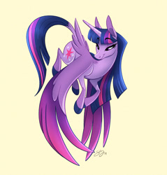 Size: 1000x1047 | Tagged: safe, artist:probablyfakeblonde, imported from derpibooru, twilight sparkle, twilight sparkle (alicorn), alicorn, pony, female, flying, mare, simple background, solo, tail feathers, yellow background
