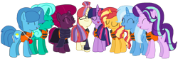 Size: 2340x774 | Tagged: safe, artist:徐詩珮, imported from derpibooru, fizzlepop berrytwist, glitter drops, moondancer, spring rain, starlight glimmer, sunset shimmer, tempest shadow, trixie, twilight sparkle, twilight sparkle (alicorn), alicorn, pony, unicorn, series:sprglitemplight diary, series:sprglitemplight life jacket days, series:springshadowdrops diary, series:springshadowdrops life jacket days, alternate universe, base used, bisexual, broken horn, clothes, counterparts, cute, eyes closed, female, glimmerdancer, glitterbetes, glitterdancer, glitterglimmer, glitterlight, glittershadow, glittershimmer, glittertrix, happy, horn, lesbian, lifeguard, lifeguard spring rain, lifejacket, moonset, polyamory, scarf, shimmerglimmer, shipping, simple background, singing, sprglitemplight, sprglitemplightixstarsetdancer, springbetes, springdancer, springdrops, springlight, springlimmer, springshadow, springshadowdrops, springshimmer, springtrix, startrix, sunsetsparkle, suntrix, tempestbetes, tempestdancer, tempestglimmer, tempestlight, tempestrix, tempestshimmer, transparent background, trickdancer, twiabetes, twidancer, twilight's counterparts, twistarlight, twixie