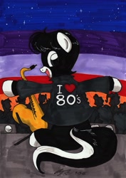 Size: 2104x2972 | Tagged: safe, artist:newyorkx3, imported from derpibooru, oc, oc only, oc:tommy junior, earth pony, pony, clothes, colt, crowd, jacket, male, musical instrument, saxophone, traditional art