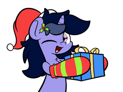 Size: 2048x1536 | Tagged: dead source, safe, artist:kimjoman, artist:php142, imported from derpibooru, oc, oc only, oc:purple flix, pony, unicorn, christmas, clothes, cute, hat, holiday, holly, looking at you, male, one eye closed, present, socks, solo, stallion, wink, ych example, your character here