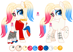 Size: 3876x2780 | Tagged: safe, artist:aestheticallylithi, artist:lazuli, artist:mint-light, imported from derpibooru, oc, oc only, oc:har-harley queen, earth pony, pony, :), base used, bedroom eyes, choker, clothes, commission, dc extended universe, ear piercing, earring, eyeshadow, female, fishnets, harley quinn, heart, heart eyes, heterochromia, hoodie, jacket, jewelry, makeup, mare, multicolored hair, piercing, pigtails, raised hoof, reference sheet, roller skates, running makeup, simple background, smiley face, socks, solo, stockings, suicide squad, tattoo, thigh highs, transparent background, twintails, varsity jacket, wingding eyes