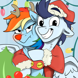 Size: 1000x1000 | Tagged: safe, artist:rutkotka, imported from derpibooru, rainbow dash, soarin', pegasus, pony, antlers, christmas, christmas lights, clothes, cute, dashabetes, female, hat, hearth's warming, holiday, looking at you, male, mare, rainbow dash is not amused, red nose, rudolph dash, santa hat, shipping, soarinbetes, soarindash, stallion, straight, unamused