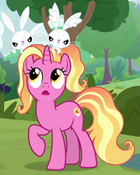 Size: 499x621 | Tagged: safe, imported from derpibooru, screencap, luster dawn, pony, rabbit, unicorn, the last problem, animal, cropped, ear fluff, female, looking up, mare, raised hoof, trio