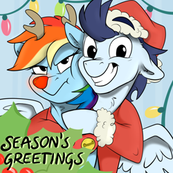 Size: 1000x1000 | Tagged: safe, artist:rutkotka, imported from derpibooru, rainbow dash, soarin', pegasus, pony, antlers, christmas, christmas lights, clothes, cute, dashabetes, female, hat, hearth's warming, holiday, looking at you, male, mare, rainbow dash is not amused, red nose, rudolph dash, santa hat, shipping, soarinbetes, soarindash, stallion, straight, text, unamused