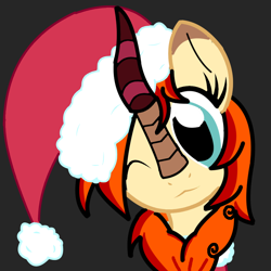 Size: 894x894 | Tagged: safe, artist:blossomblaze, imported from derpibooru, oc, kirin, blue eyes, christmas, female, hat, holiday, horn, kirin oc, orange hair, red hair, santa hat