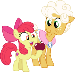 Size: 3112x3000 | Tagged: safe, artist:cloudy glow, artist:cloudyglow, artist:parclytaxel, imported from derpibooru, apple bloom, goldie delicious, earth pony, pony, going to seed, .svg available, apple, female, filly, food, high res, hoof hold, mare, simple background, smiling, transparent background, vector