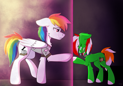 Size: 1261x888 | Tagged: safe, artist:lostinthetrees, imported from derpibooru, oc, oc:rainbowrise, oc:wandering sunrise, earth pony, pegasus, pony, fallout equestria, crying, dead, fallout, father and daughter, female, goodbye, last right, male, not rainbow dash, pain, shaman, spirit, stable-tec, veil between life and death, wandering sunrise