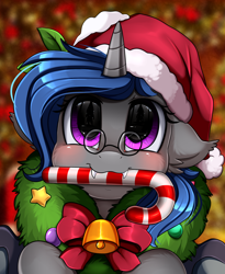 Size: 1446x1764 | Tagged: safe, artist:pridark, imported from derpibooru, oc, oc only, oc:blossom, alicorn, pony, alicorn oc, bell, blushing, candy, candy cane, christmas, commission, cute, food, hat, holiday, horn, mouth hold, ocbetes, pridark's christmas ponies, santa hat, solo, wreath, ych result