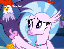 Size: 500x384 | Tagged: safe, artist:gooeybird, edit, edited screencap, imported from derpibooru, screencap, edith (cockatrice), silverstream, cockatrice, hippogriff, student counsel, added captions, cropped, duo, edith, female, laughing, tickling, wings