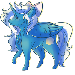 Size: 500x500 | Tagged: safe, artist:sombreoro, imported from derpibooru, oc, oc:fleurbelle, alicorn, pony, adorabelle, adorable face, alicorn oc, blushing, bow, chest fluff, cute, cute face, ear fluff, female, hair bow, horn, mare, ocbetes, wing fluff, yellow eyes