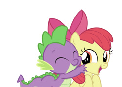Size: 750x537 | Tagged: safe, artist:dashiesparkle, artist:dashiesparkle edit, edit, editor:undeadponysoldier, imported from derpibooru, apple bloom, spike, dragon, earth pony, pony, adorabloom, bow, cute, female, filly, hug, hug from behind, male, shipping, simple background, spikebloom, straight, white background