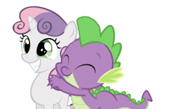 Size: 750x475 | Tagged: artist needed, safe, edit, editor:undeadponysoldier, imported from derpibooru, spike, sweetie belle, dragon, pony, unicorn, cute, diasweetes, female, filly, happy, hug, hug from behind, male, shipping, simple background, spikebelle, straight, white background