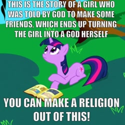 Size: 1080x1080 | Tagged: safe, edit, edited screencap, imported from derpibooru, screencap, twilight sparkle, pony, unicorn, friendship is magic, bill wurtz, caption, cropped, grass, image macro, religion, text, transcript in description