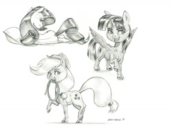 Size: 1400x1071 | Tagged: safe, artist:baron engel, imported from derpibooru, applejack, rarity, twilight sparkle, alicorn, earth pony, pony, unicorn, my little pony: pony life, chibi, female, g4.5, grayscale, mare, monochrome, pencil drawing, traditional art, twilight sparkle (alicorn)